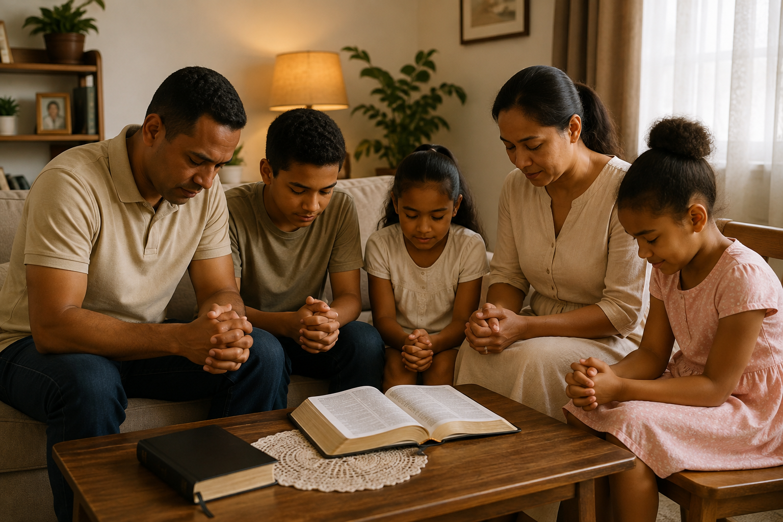 Famille réunie pour un temps de prière